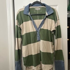 Free People Green and Cream Striped Long Sleeve Rugby Style Top